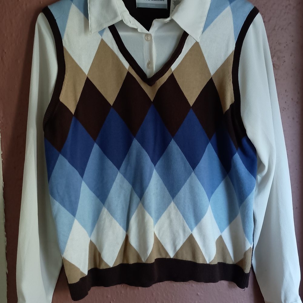 Alfred Dunner Blue and Brown Argyle V-Neck Sweater